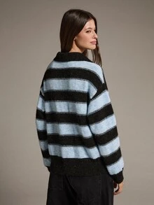 MOTF PREMIUM POLO COLLAR CONTRAST STRIPE LOOSE PULLOVER SWEATER - Blue - View 4