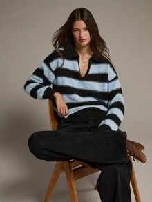 MOTF PREMIUM POLO COLLAR CONTRAST STRIPE LOOSE PULLOVER SWEATER - Blue - View 2