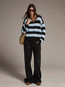 MOTF PREMIUM POLO COLLAR CONTRAST STRIPE LOOSE PULLOVER SWEATER - Blue - View 6