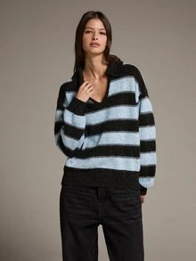 MOTF PREMIUM POLO COLLAR CONTRAST STRIPE LOOSE PULLOVER SWEATER - Blue - View 7