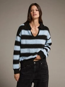 MOTF PREMIUM POLO COLLAR CONTRAST STRIPE LOOSE PULLOVER SWEATER - Blue - View 5