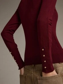 MOTF PREMIUM ALL-MATCH VERSATILE BUTTON DECOR FITTED KNIT SWEATER - Burgundy - View 8