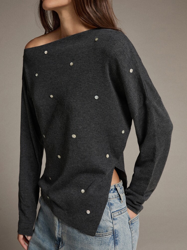 MOTF PREMIUM Women's Asymmetrical Shoulder Rhinestone Embellished Hem Slit Sweater - Dark Grey - View 2