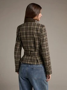 MOTF PREMIUM Short Waist-Cinching Plaid Wide Shoulder Regular Jacket, Autumn/Winter - Coffee Brown - View 2