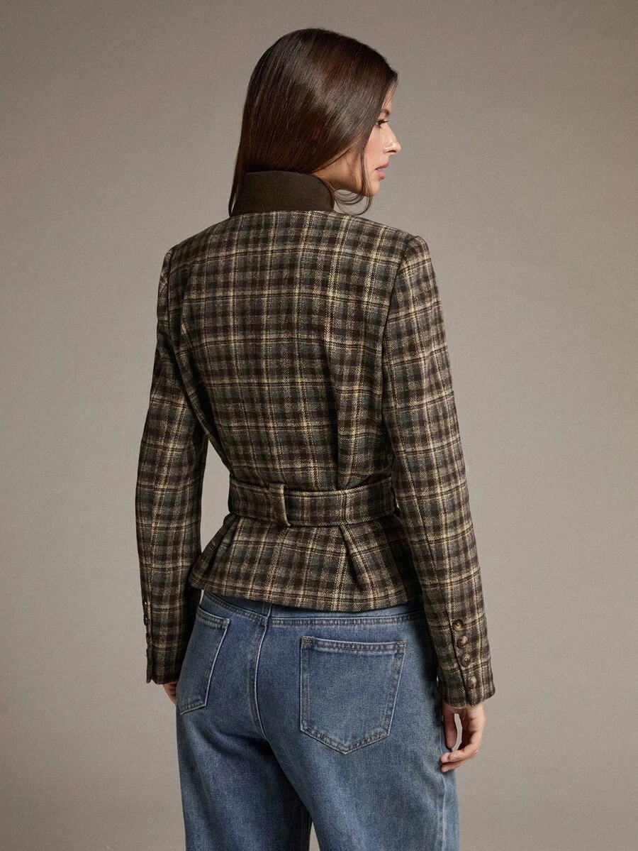 MOTF PREMIUM Short Waist-Cinching Plaid Wide Shoulder Regular Jacket, Autumn/Winter - Coffee Brown - View 2