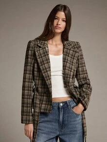 MOTF PREMIUM Short Waist-Cinching Plaid Wide Shoulder Regular Jacket, Autumn/Winter - Coffee Brown - View 3