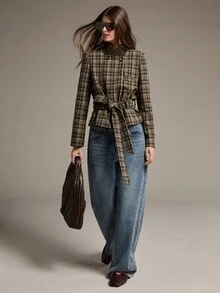 MOTF PREMIUM Short Waist-Cinching Plaid Wide Shoulder Regular Jacket, Autumn/Winter - Coffee Brown - View 6