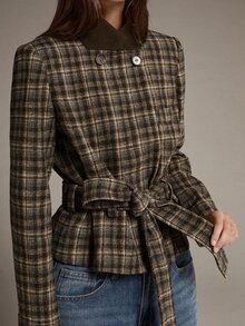 MOTF PREMIUM Short Waist-Cinching Plaid Wide Shoulder Regular Jacket, Autumn/Winter - Coffee Brown - View 5