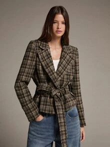 MOTF PREMIUM Short Waist-Cinching Plaid Wide Shoulder Regular Jacket, Autumn/Winter - Coffee Brown - View 4
