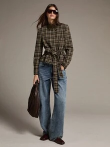 MOTF PREMIUM Short Waist-Cinching Plaid Wide Shoulder Regular Jacket, Autumn/Winter - Coffee Brown - View 1