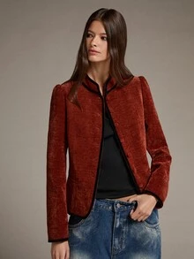 MOTF PREMIUM Chaqueta corta ajustada con cuello alto y ribete de contraste estilo chino - Óxido marrón - Ver 4