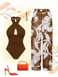 Swim Oasis 新款纯色镂空交叉挂脖连体泳衣，配印花罩裙沙滩套装，女士 - 咖啡棕 - 查看 1