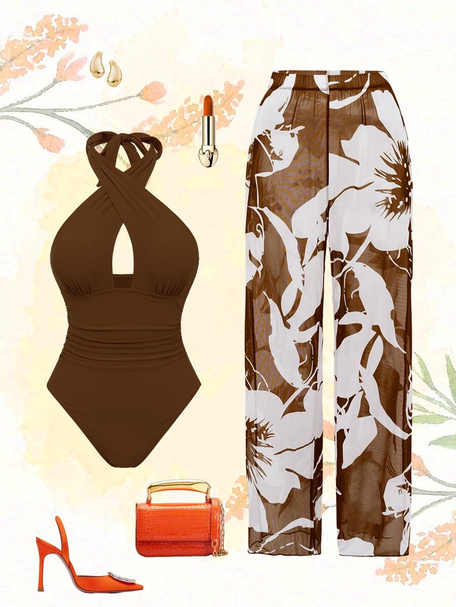Swim Oasis 新款纯色镂空交叉挂脖连体泳衣,配印花罩裙沙滩套装,女士 - 咖啡棕 - 查看 1