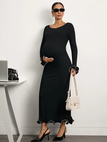 MaterniWear Elegant Maternity Commuter Contrast Trim Dress - Black - View 9