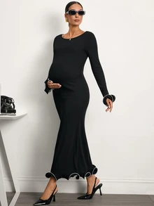 MaterniWear Elegant Maternity Commuter Contrast Trim Dress - Black - View 10