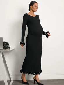 MaterniWear Elegant Maternity Commuter Contrast Trim Dress - Black - View 5