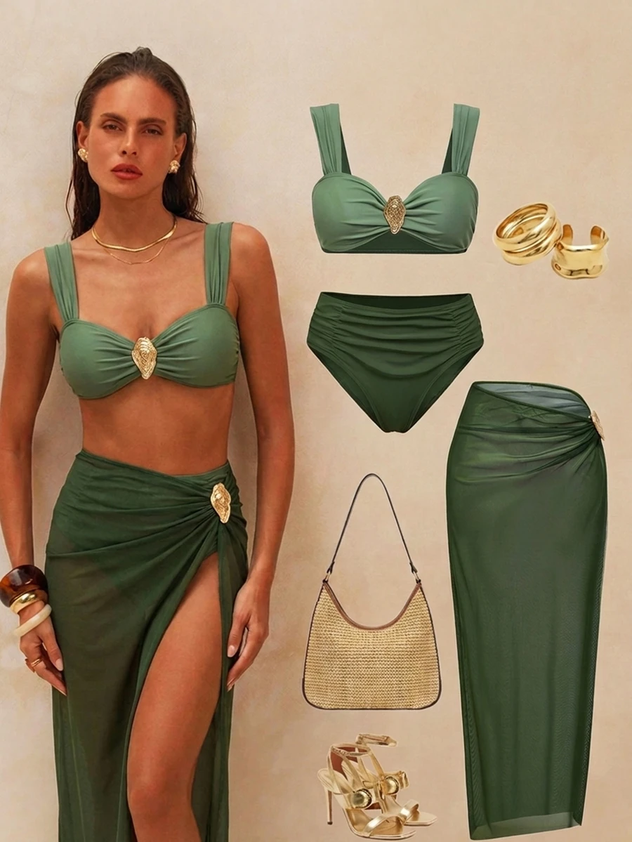 SHEIN Swim 2026春夏新款女士泳装上市，适合度假、约会、西部风情、邮轮、海滩、海岛、公路旅行、四季皆宜、音乐节、波西米亚风度假、秋日休闲波西米亚风Y2K优雅复古休闲绿色高级三件套度假休闲沙滩泳装套装，女士套装，女士沙滩装，女士沙滩装，扎金索斯岛度假装，日间派对装，女士比基尼套装配长裙，女士度假装，泳装复古风装，绿色沙滩装，女士邮轮装，度假两件套，希腊度假装，女士扎希德装，Zestiva泳装，动物园装，女士拉链内衬装，斑马纹拉尔森演唱会装