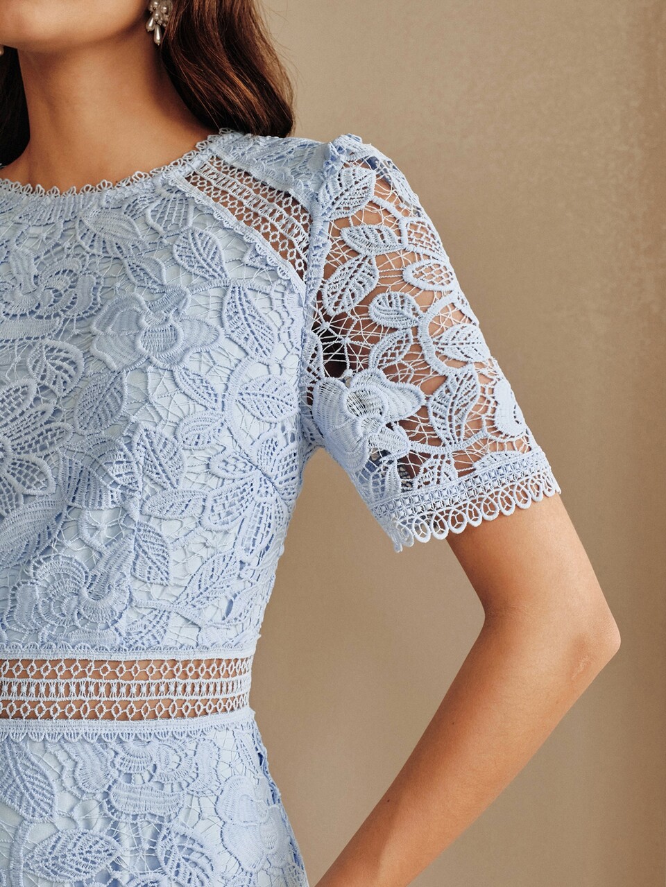 Anewsta New Round Neck Short Sleeve Hollow Splice A-Line Dress Exquisite Water-Soluble Lace Holiday Party Bridal Afternoon Tea Elegant Dress For Women
