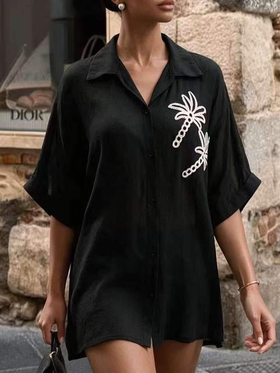 Swim Vcay 春夏優雅新款 1 件式編織素色椰子樹圖案裝飾短袖度假風女款泳裝和服罩衫