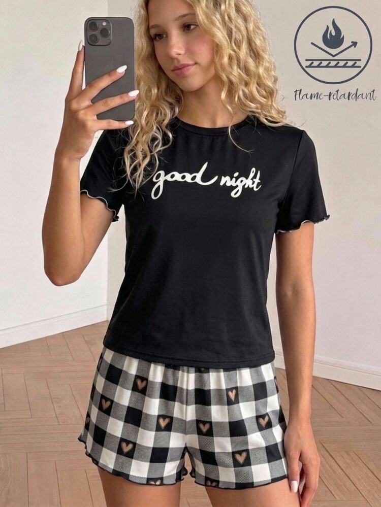 SHEIN Kids Teen Girls Pajamas 2pcs/Set Spring/Summer New Cute Plaid & Heart Print Crew Neck T-Shirt & Shorts Loungewear Set, Comfortable Casual Sleepwear - Black and White - View 1