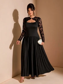 Cravure Women's Plus Size Elegant Lace Cardigan With Inner Tank Top Knit Dress, Suitable For Banquet And Party Wear Fall - Black - View 5