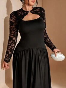 Cravure Women's Plus Size Elegant Lace Cardigan With Inner Tank Top Knit Dress, Suitable For Banquet And Party Wear Fall - Black - View 3