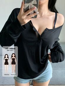 DAZY Kaos Kasual Lengan Panjang Wanita Warna Polos dengan Kancing Setengah Plaket untuk Musim Gugur - Hitam - View 1