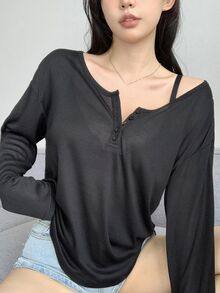 DAZY Kaos Kasual Lengan Panjang Wanita Warna Polos dengan Kancing Setengah Plaket untuk Musim Gugur - Hitam - View 9