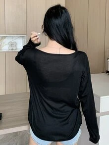 DAZY Kaos Kasual Lengan Panjang Wanita Warna Polos dengan Kancing Setengah Plaket untuk Musim Gugur - Hitam - View 6