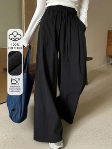 DAZY Solid Drawstring Waist Wide Leg Pants Fall - Black - View 8
