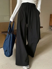 DAZY Solid Drawstring Waist Wide Leg Pants Fall - Black - View 6