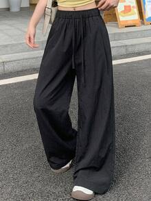 DAZY Solid Drawstring Waist Wide Leg Pants Fall - Black - View 7