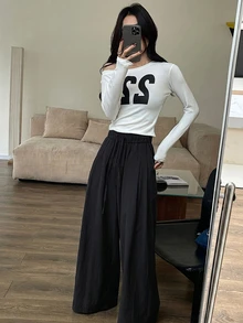 DAZY Solid Drawstring Waist Wide Leg Pants Fall - Black - View 3