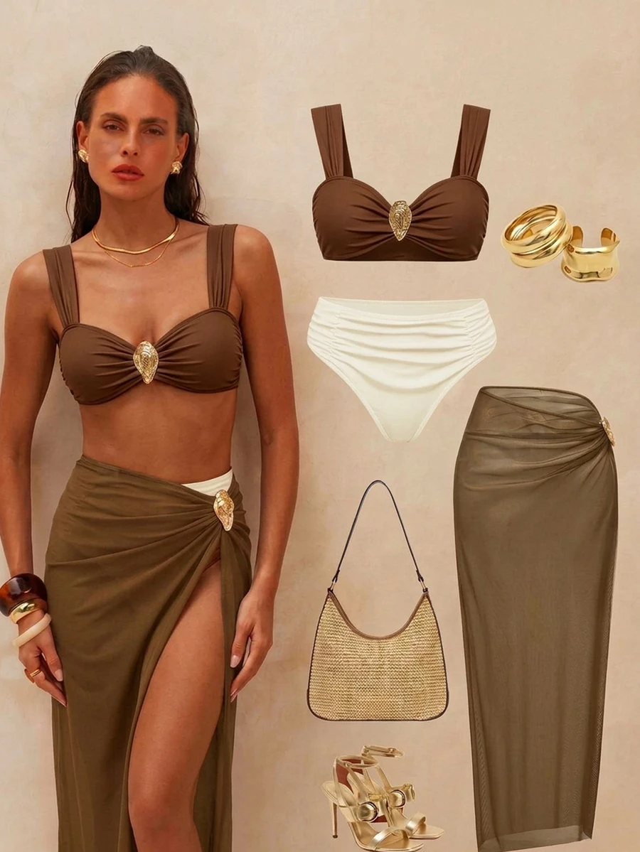 SHEIN Swim 2026SS 棕色 全白 橄欖綠 3件組女款泳衣套裝 度假休閒 性感沙灘派對 海邊夏季 - 棕色 - 查看 1