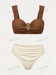 SHEIN Swim 2026SS 棕色 全白 橄欖綠 3件組女款泳衣套裝 度假休閒 性感沙灘派對 海邊夏季 - 棕色 - 查看 4