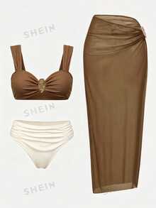 SHEIN Swim 2026SS 棕色 全白 橄欖綠 3件組女款泳衣套裝 度假休閒 性感沙灘派對 海邊夏季 - 棕色 - 查看 3