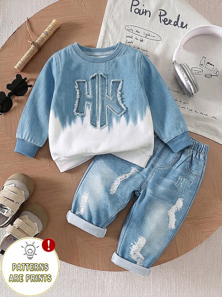 SHEIN Baby Boy Letter Patchwork Crew Neck Long Sleeve Sweatshirt And Pants Casual Cowboy Racing Set School Family Matching Blue And White Powder Blue Autumn - Blue - View 3