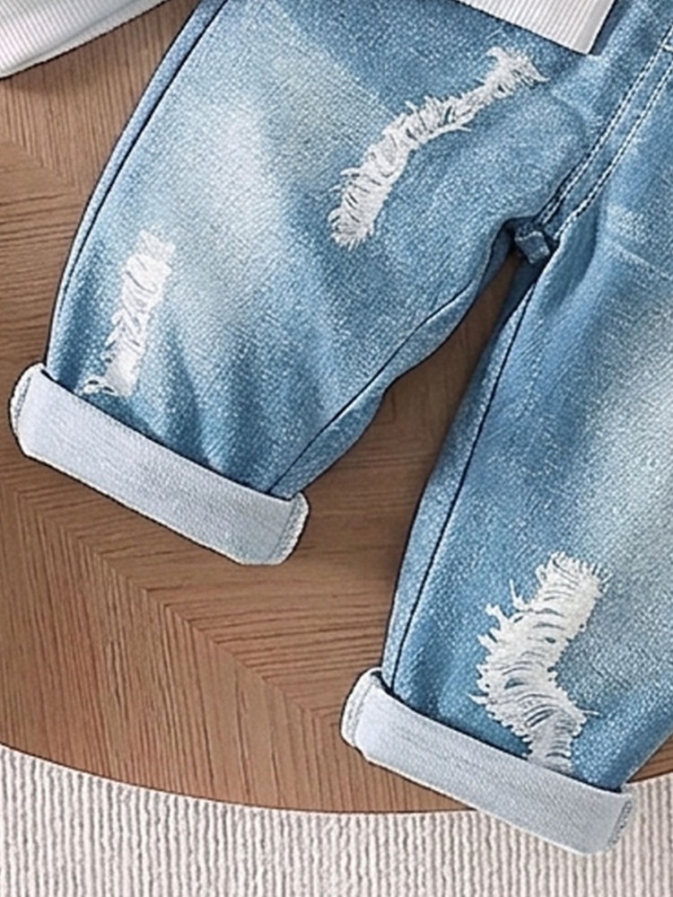 SHEIN Baby Boy Letter Patchwork Crew Neck Long Sleeve Sweatshirt And Pants Casual Cowboy Racing Set School Family Matching Blue And White Powder Blue Autumn - Blue - View 4