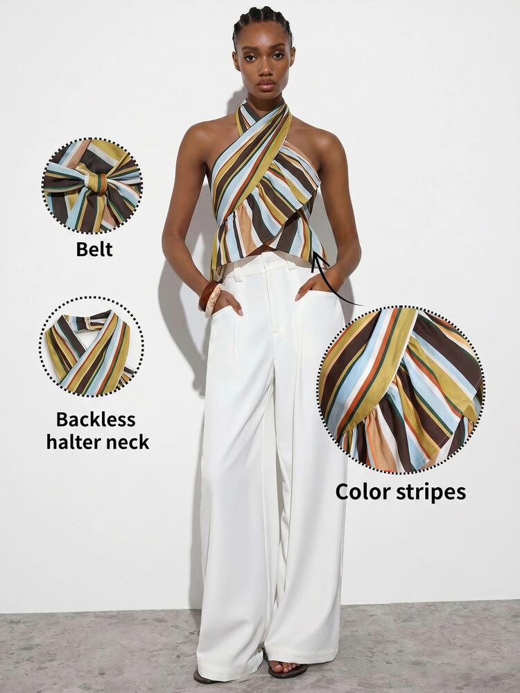 MAIJA Beach Striped Halter Crossover Ruffle Hem Crop Top Summer Fall Halloween Party School - Multicolor - View 4