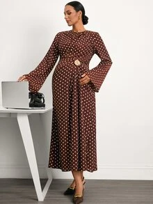 MaterniWear Elegant Polka Dot Print Maternity Commuter Dress - Brown - View 8