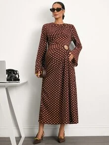 MaterniWear Elegant Polka Dot Print Maternity Commuter Dress - Brown - View 5