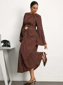 MaterniWear Elegant Polka Dot Print Maternity Commuter Dress - Brown - View 10