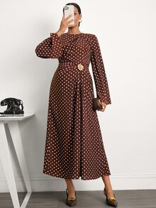 MaterniWear Elegant Polka Dot Print Maternity Commuter Dress - Brown - View 7