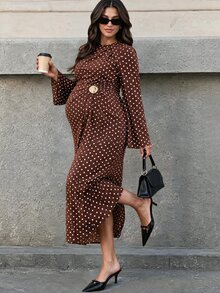 MaterniWear Elegant Polka Dot Print Maternity Commuter Dress - Brown - View 2