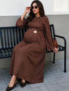 MaterniWear Elegant Polka Dot Print Maternity Commuter Dress - Brown - View 3