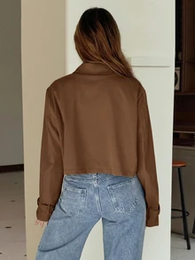 SHEIN EZwear 女款素色休閒百搭日常長袖夾克 - 棕色 - 查看 2