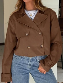 SHEIN EZwear 女款素色休閒百搭日常長袖夾克 - 棕色 - 查看 3