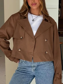 SHEIN EZwear 女款素色休閒百搭日常長袖夾克 - 棕色 - 查看 4