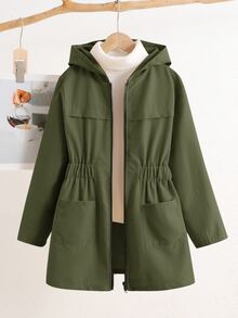 Kids Tween Girls Fashion Casual Autumn Winter Colorblock Zipper Pocket Waist- Mid- Jacket, Autumn, Winter Back To School Halloween Festival - Army Green - View 5