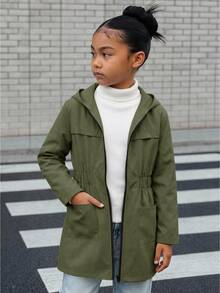 Kids Tween Girls Fashion Casual Autumn Winter Colorblock Zipper Pocket Waist- Mid- Jacket, Autumn, Winter Back To School Halloween Festival - Army Green - View 1